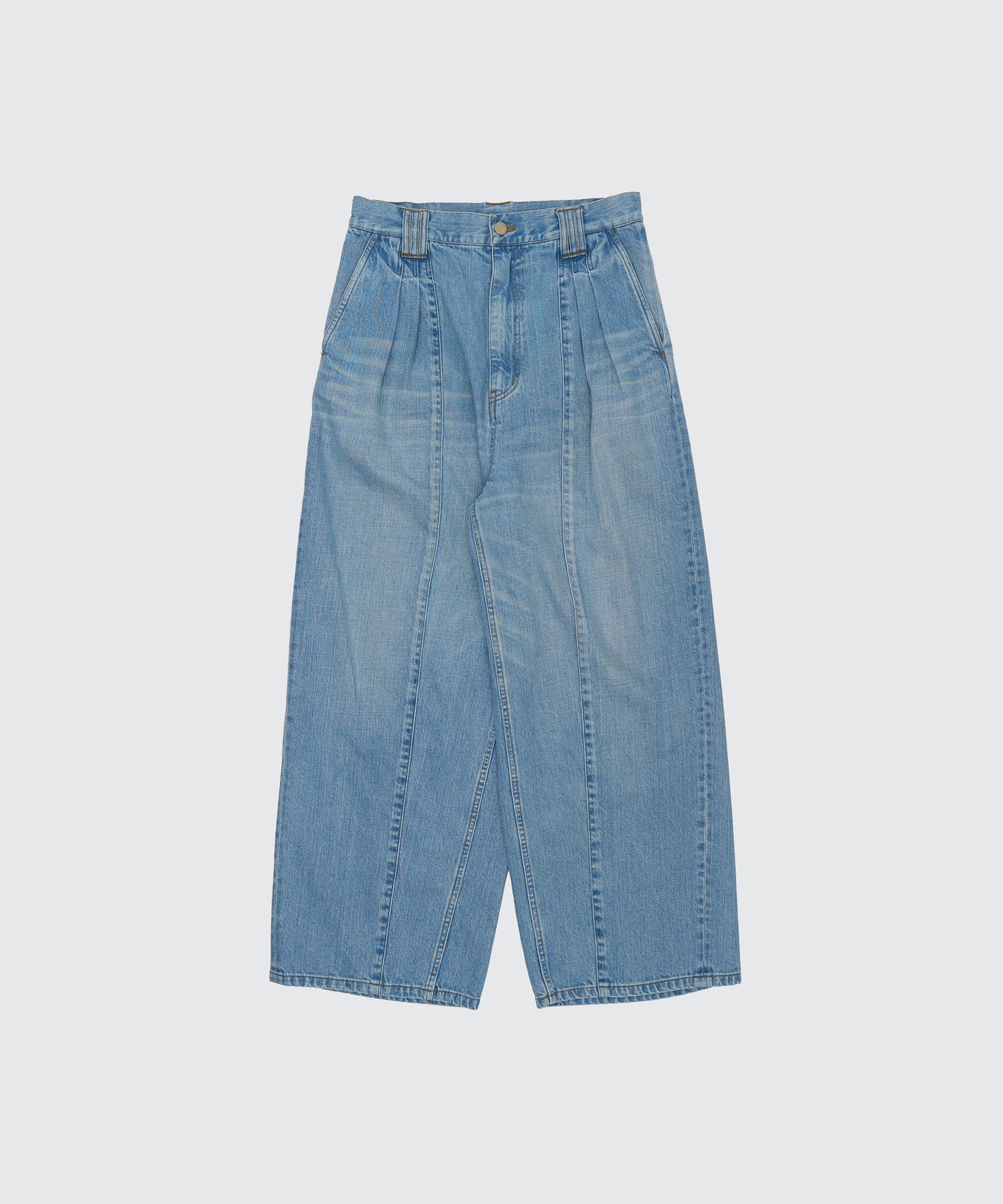 Vintaged Wash Denim 3Pleated Wide-Leg Trousers