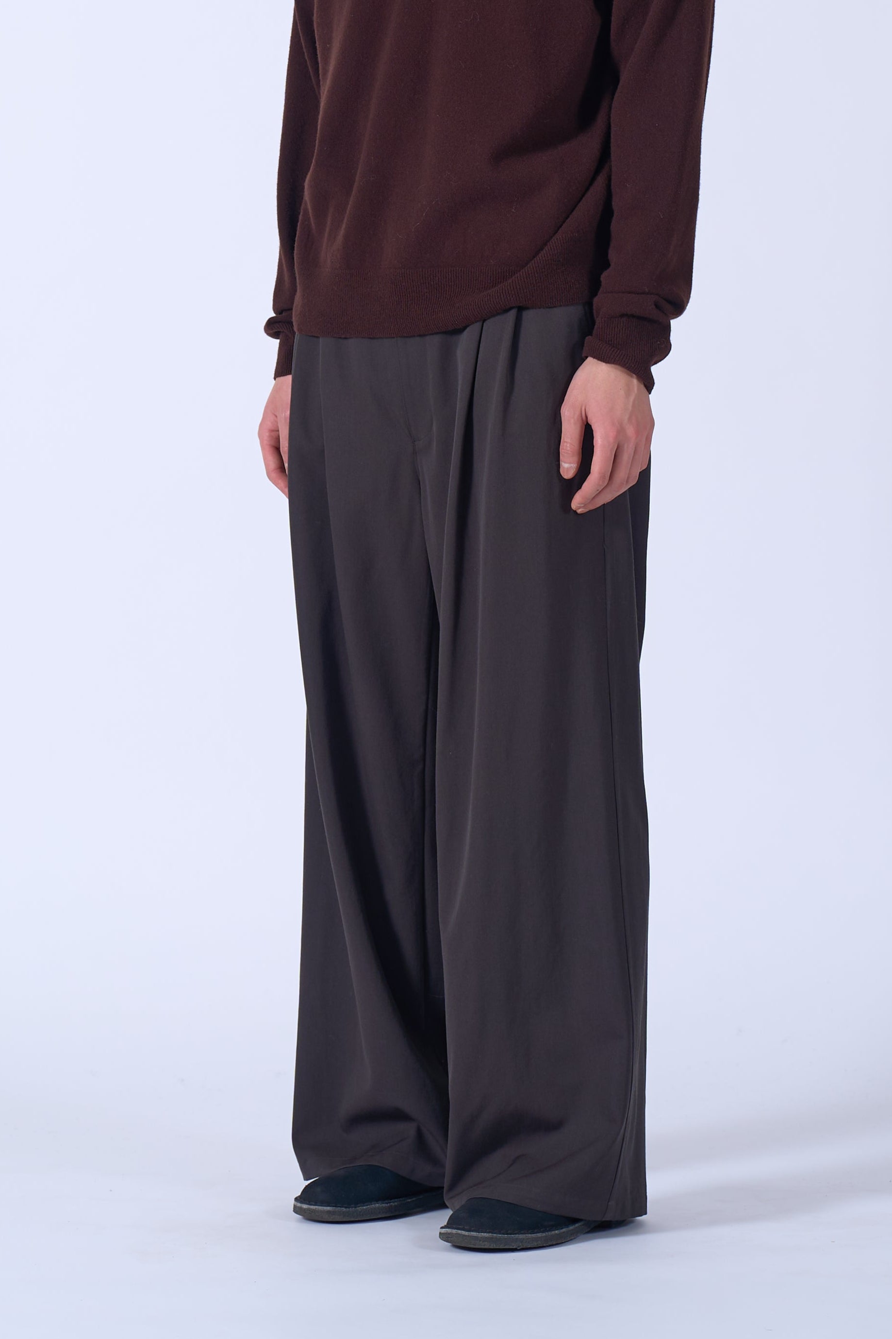Wool Washer Twill 2Pleated Wide-Leg Easy Trousers