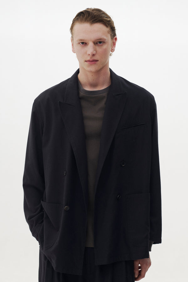 Rayon Polyester Brushed Twill Relaxed Double-Breasted Blazer