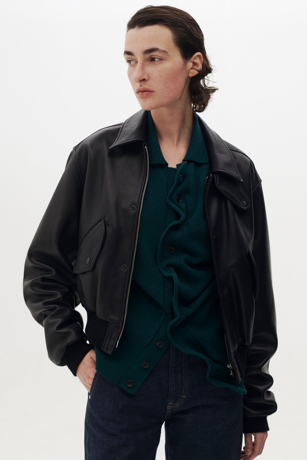 Lamb Leather Bomber Short Jacket