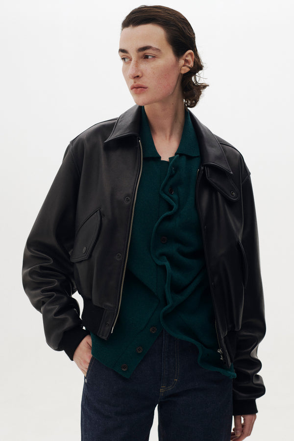 Lamb Leather Bomber Short Jacket