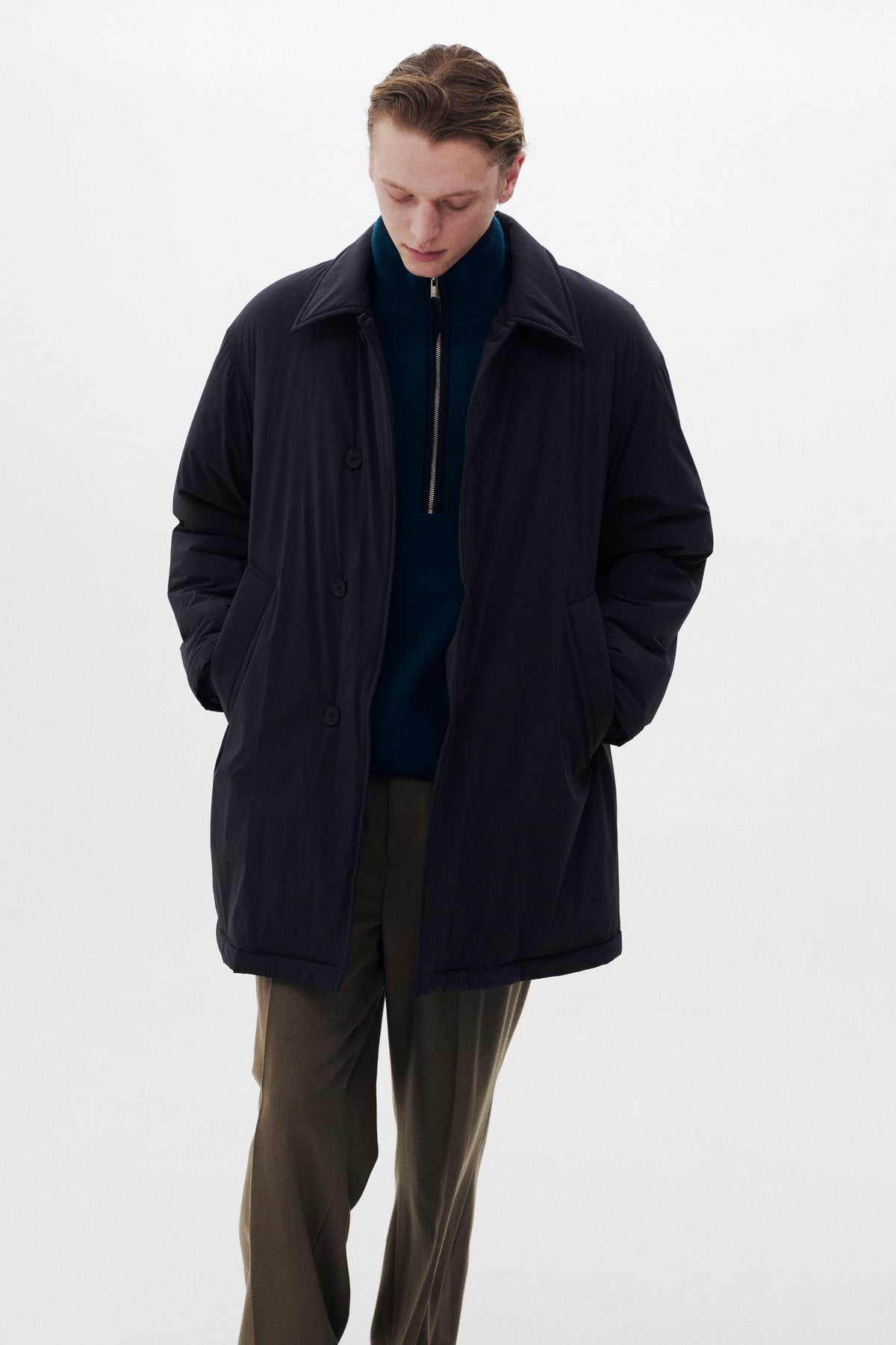 Super Stretch Recycle Nylon Taffeta Puffer Half Coat