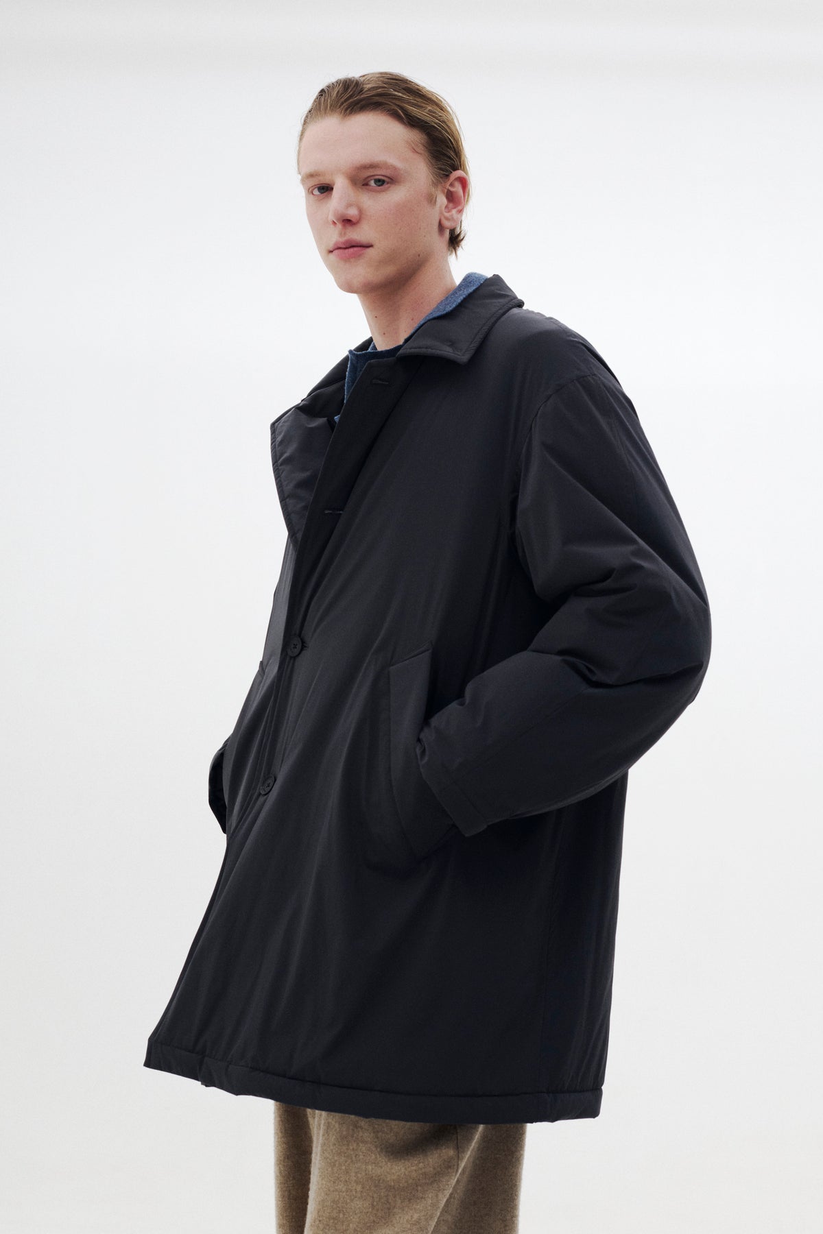 Super Stretch Recycle Nylon Taffeta Puffer Half Coat