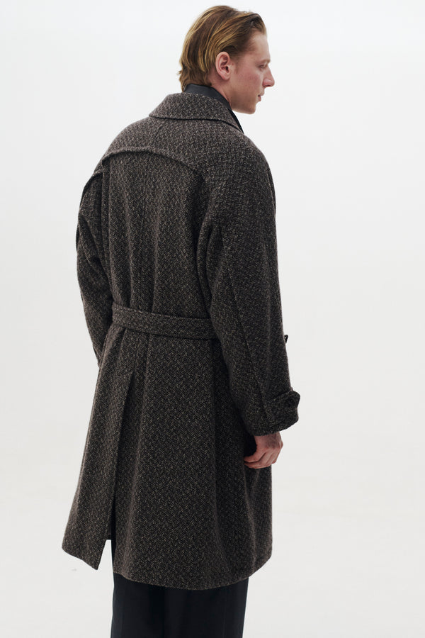 Herringbone Wool Tweed Balmacaan Overcoat