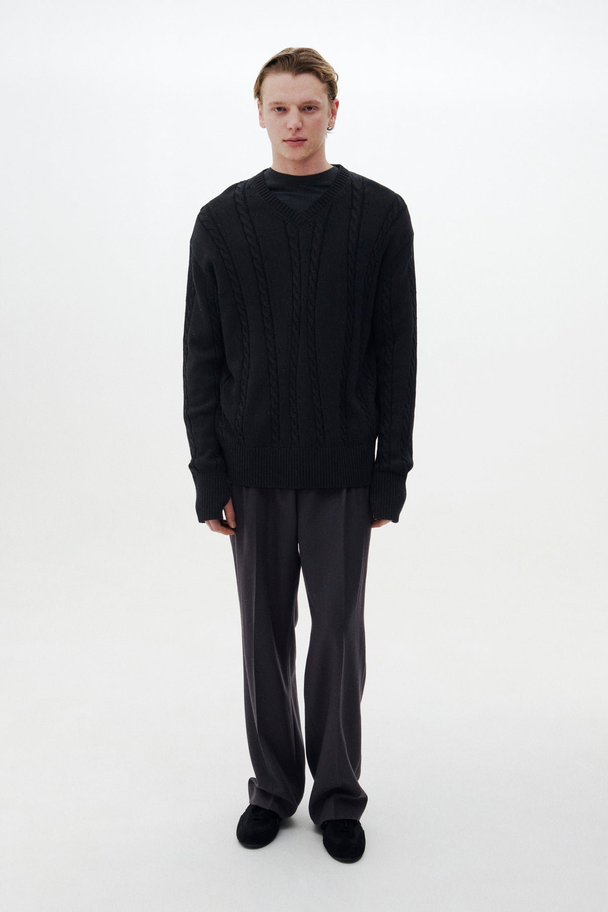Fluid Cable-Knit V-neck Sweater