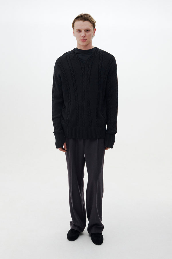 Fluid Cable-Knit V-neck Sweater