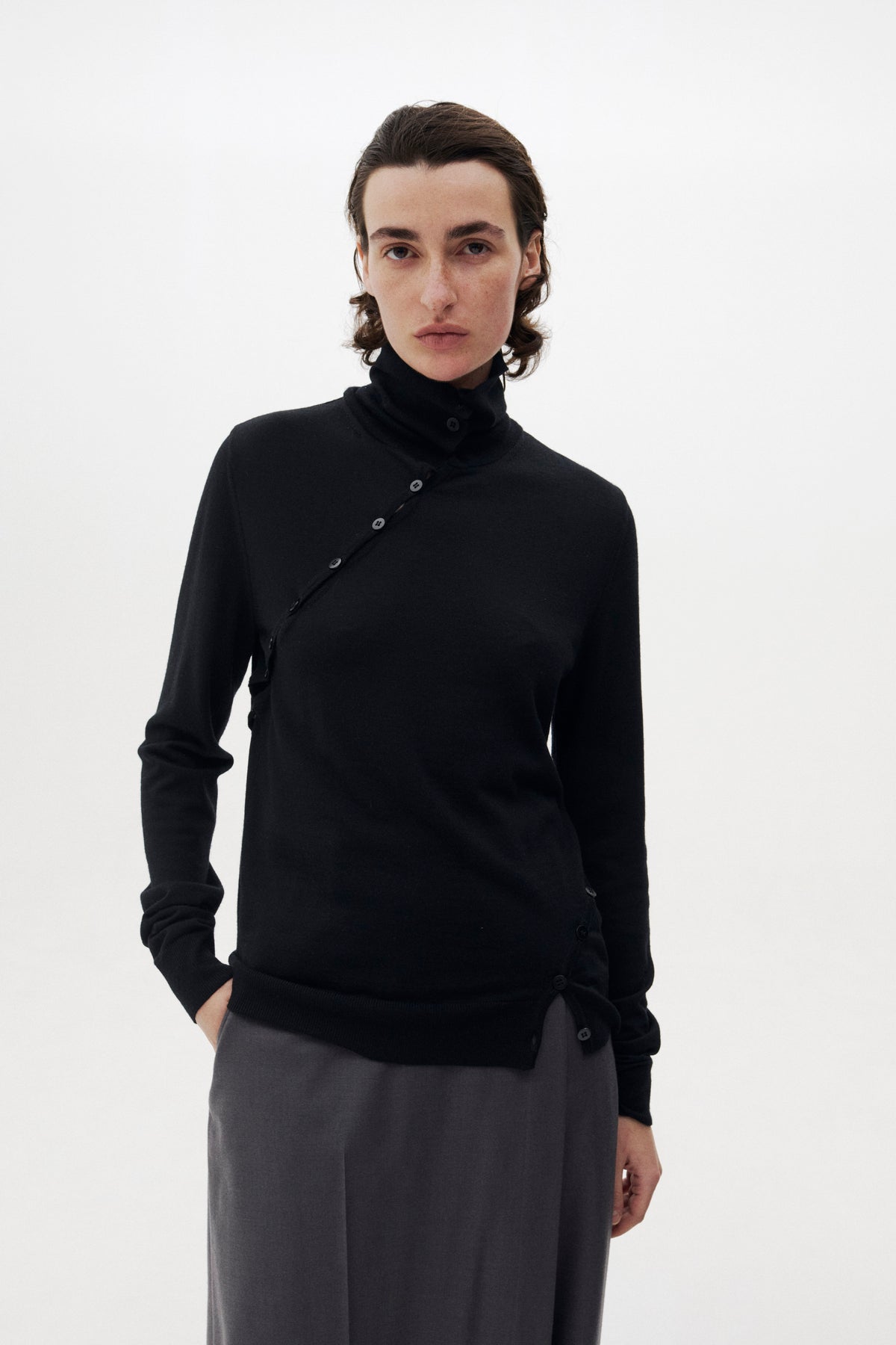 Super120's Wool Button Line Knit Top