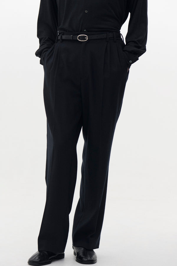 Pure Merino Wool Serge 4Pleated Wide Tapered Trousers