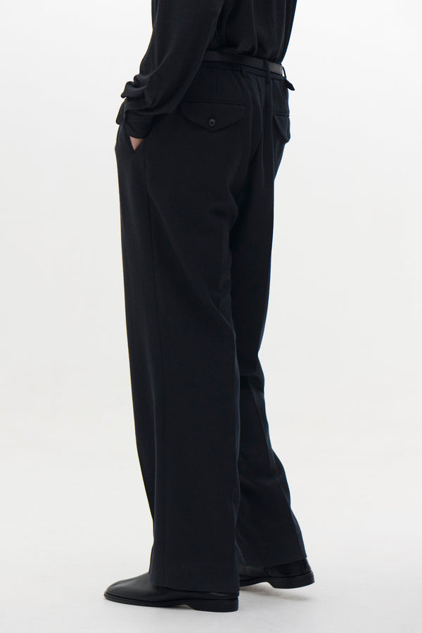 Pure Merino Wool Serge 4Pleated Wide Tapered Trousers