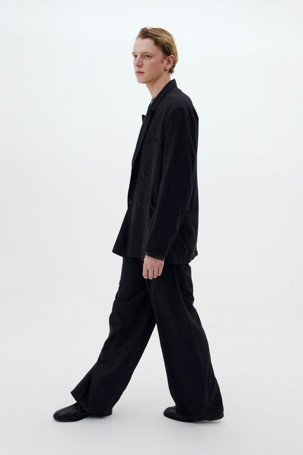 Rayon Polyester Brushed Twill Relaxed Double-Breasted Blazer