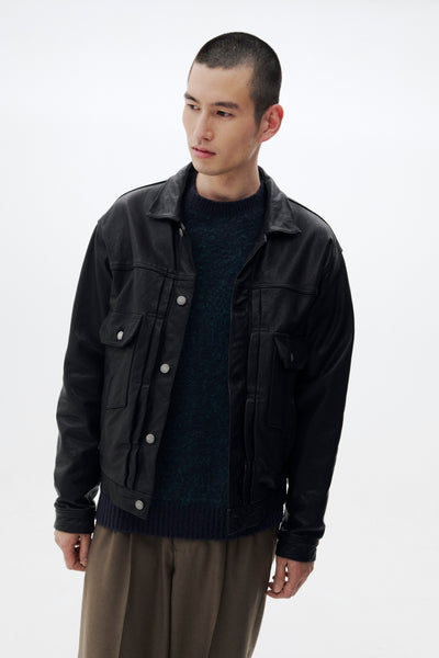 Shrink Cow Leather Leather Trucker Jacket | YOKE Official Website