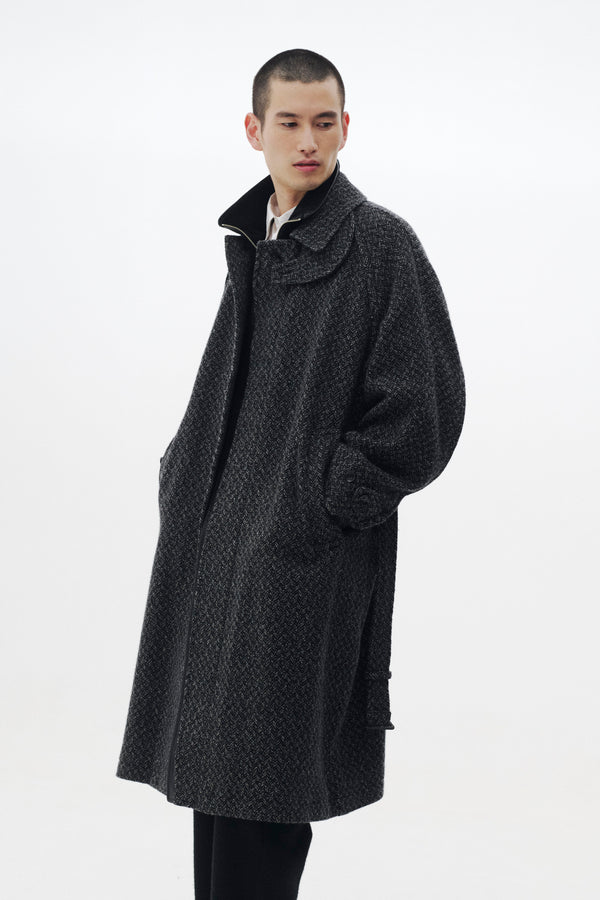 Herringbone Wool Tweed Balmacaan Overcoat