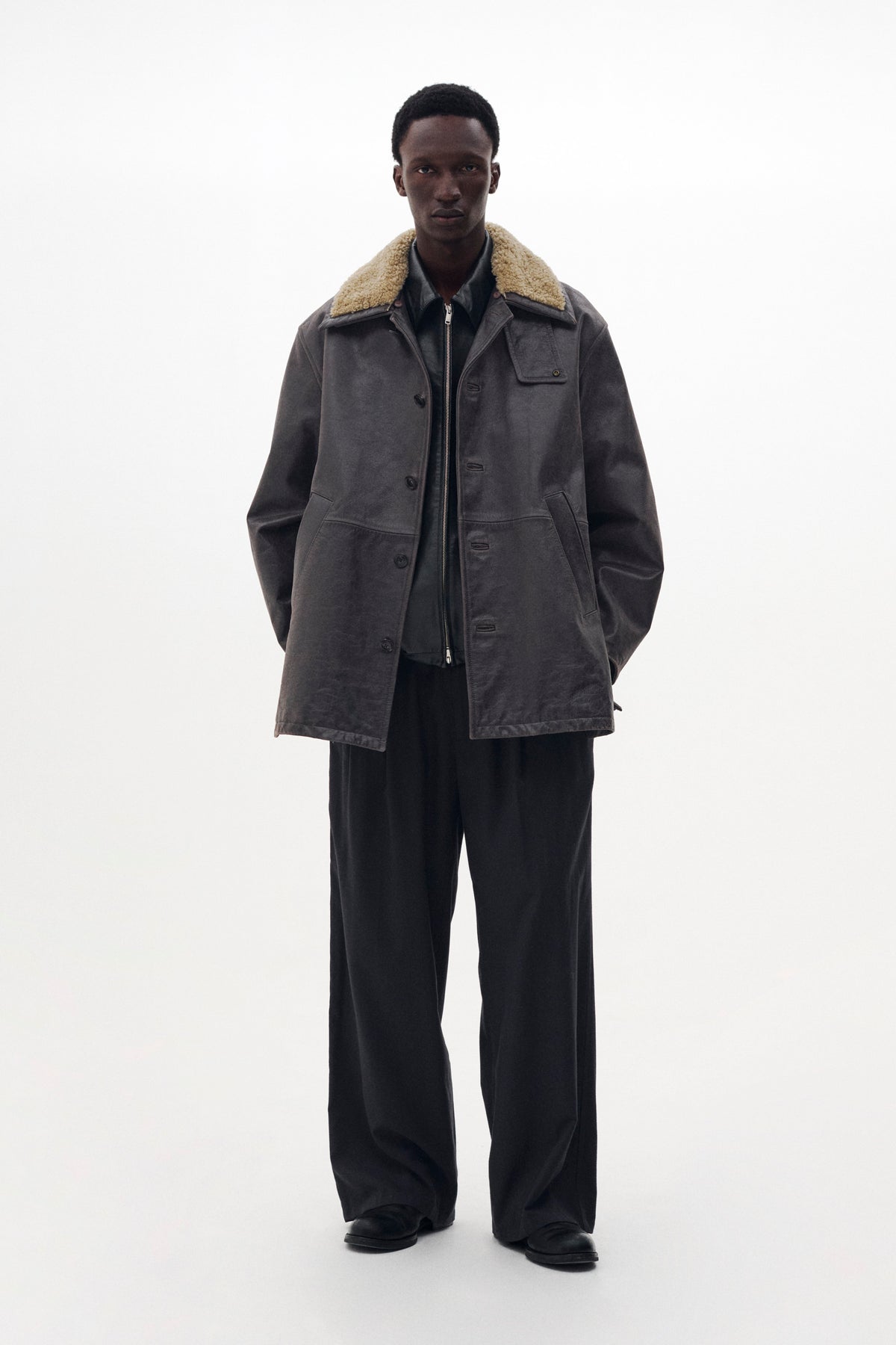Shearling Collar Leather Car Coat