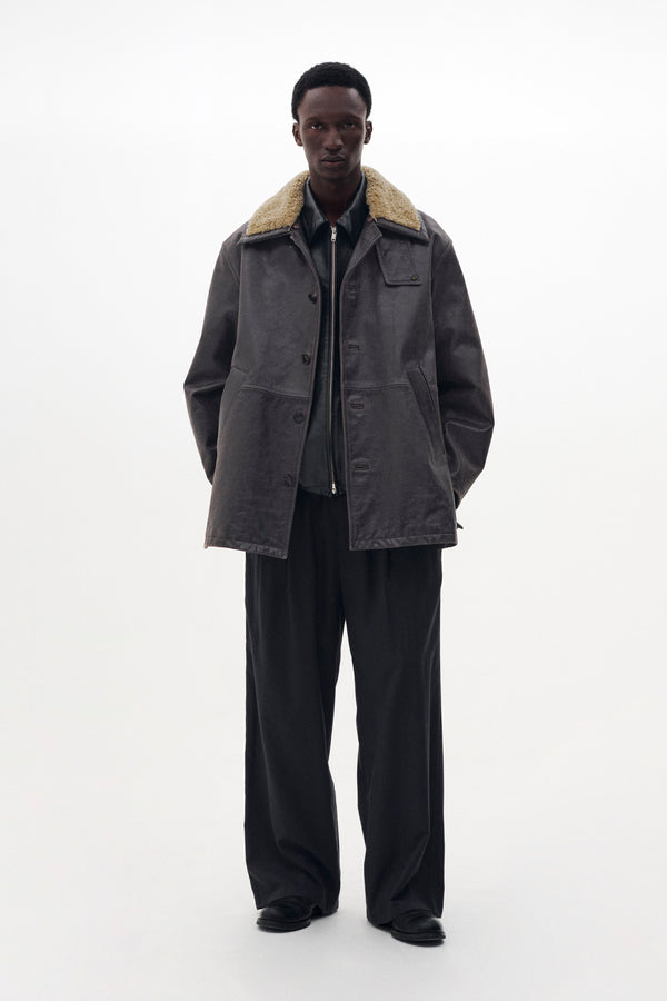 Shearling Collar Leather Car Coat