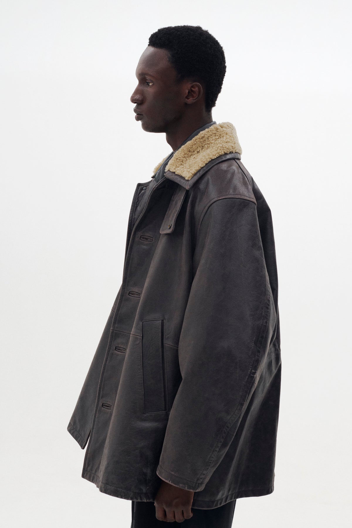 Shearling Collar Leather Car Coat