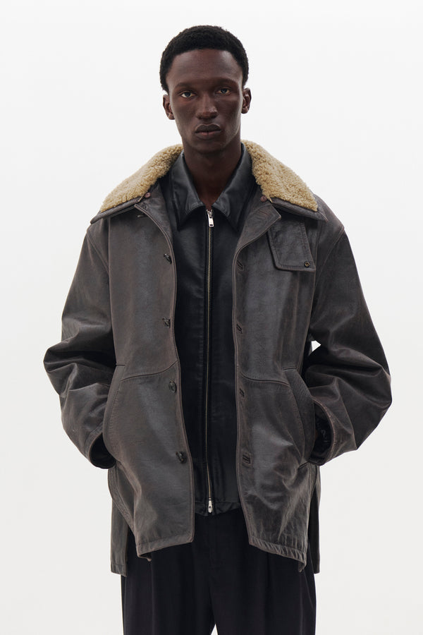 Shearling Collar Leather Car Coat