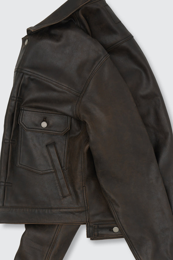 x ELIMINATER Cracked Leather Docking Trucker Jacket