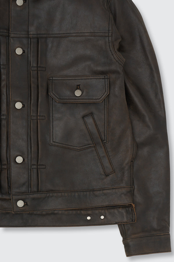 x ELIMINATER Cracked Leather Docking Trucker Jacket
