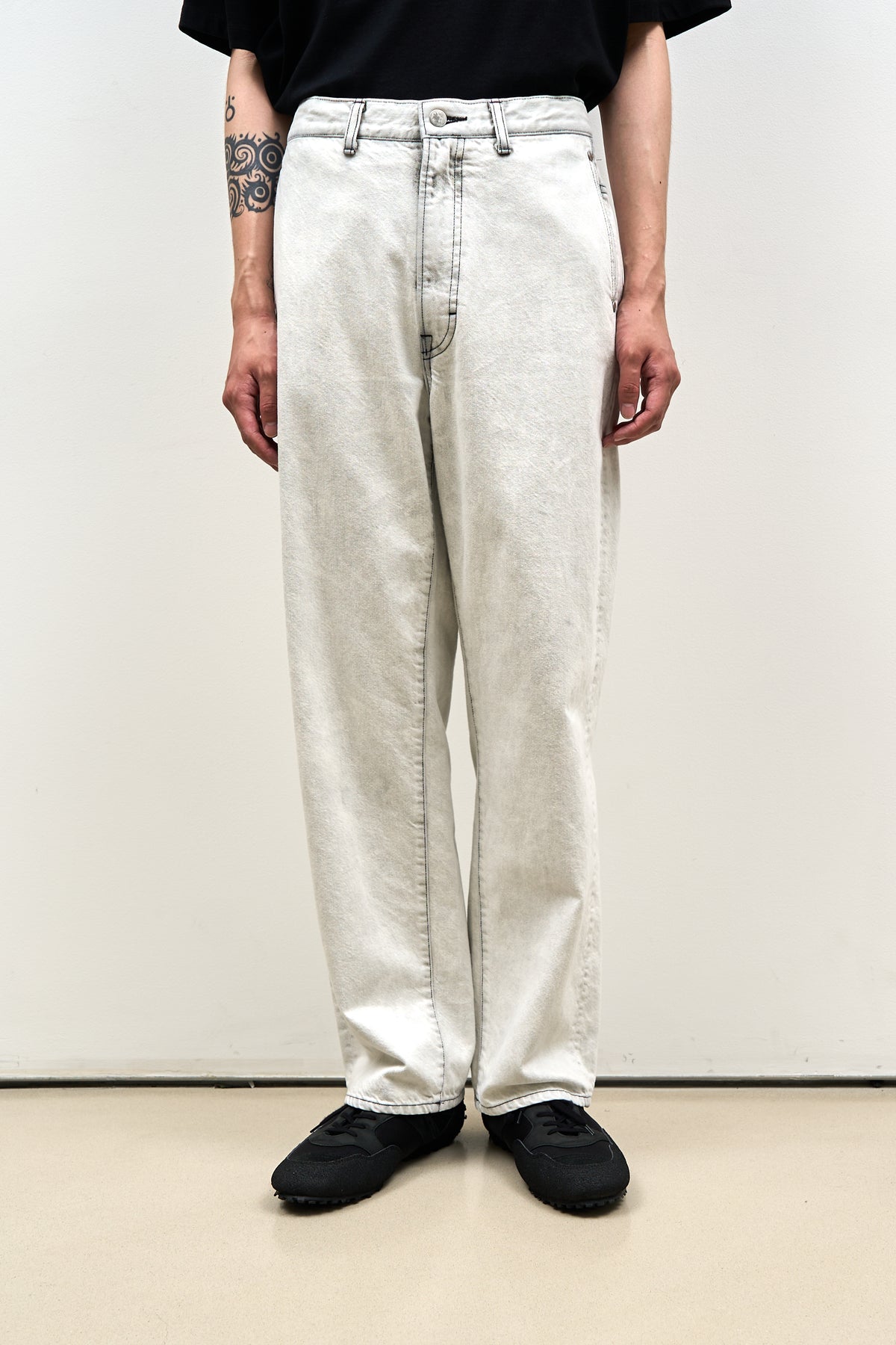 Chemical Wash White Denim Wide Straight Pants