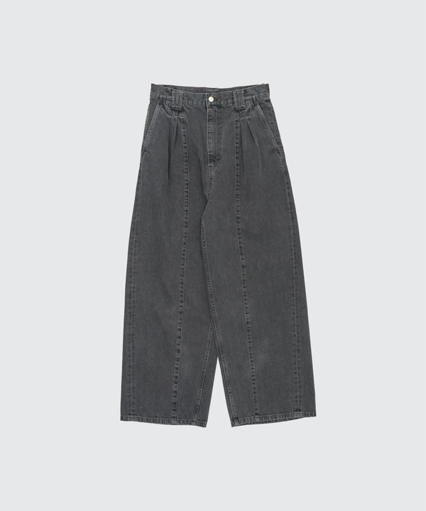 Vintaged Wash Denim 3Pleated Wide-Leg Trousers