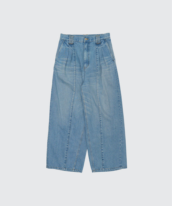 Vintaged Wash Denim 3Pleated Wide-Leg Trousers