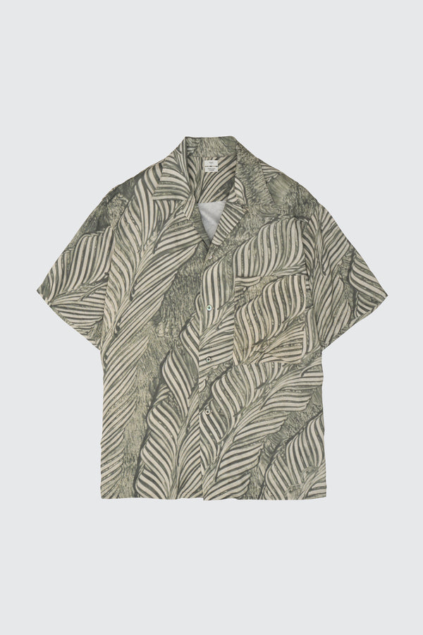 Leaf Pattern Printed Rayon Open Collar Shirt