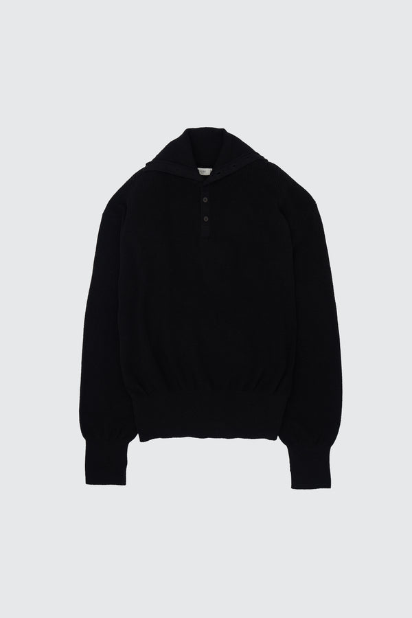 Cotton Hard Twist Highneck Henley Rib Sweater