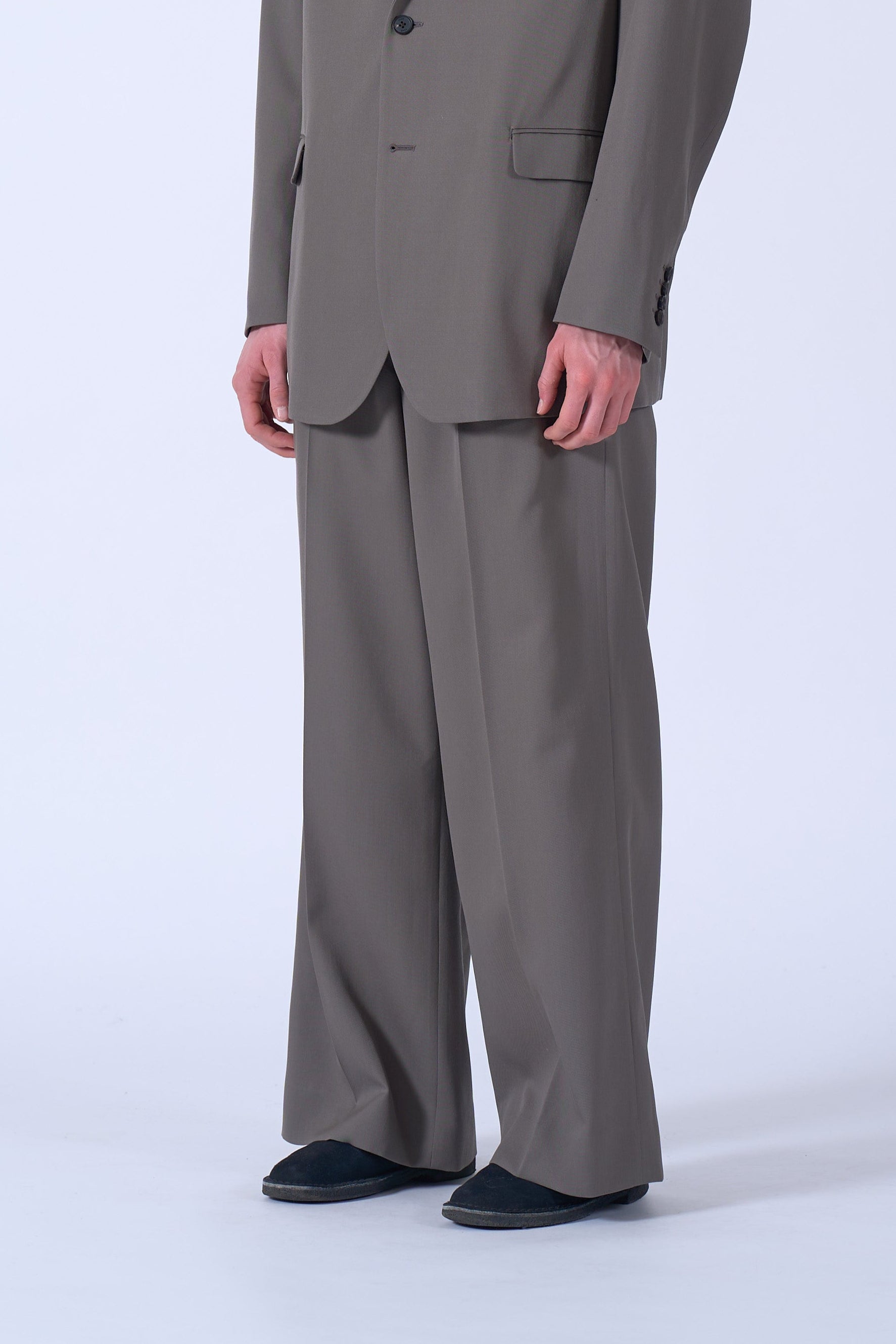 Wool Gabardine 3Pleated Wide-Leg Trousers