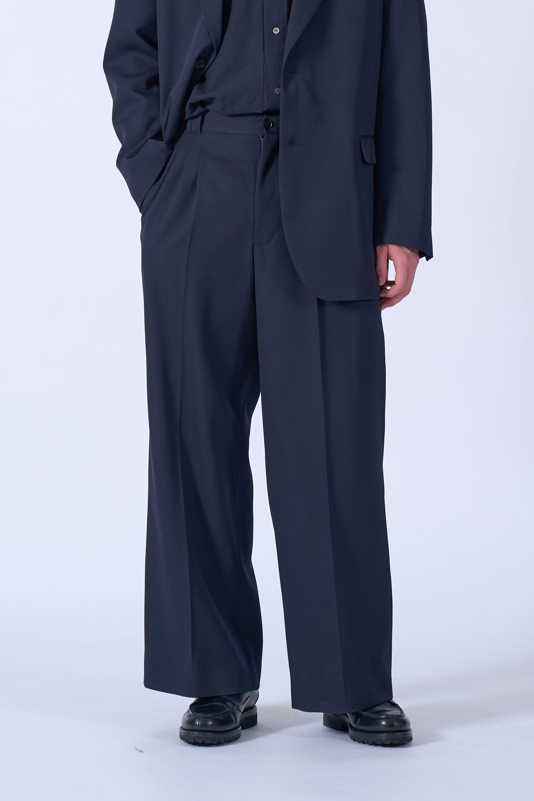 Wool Gabardine 3Pleated Wide-Leg Trousers