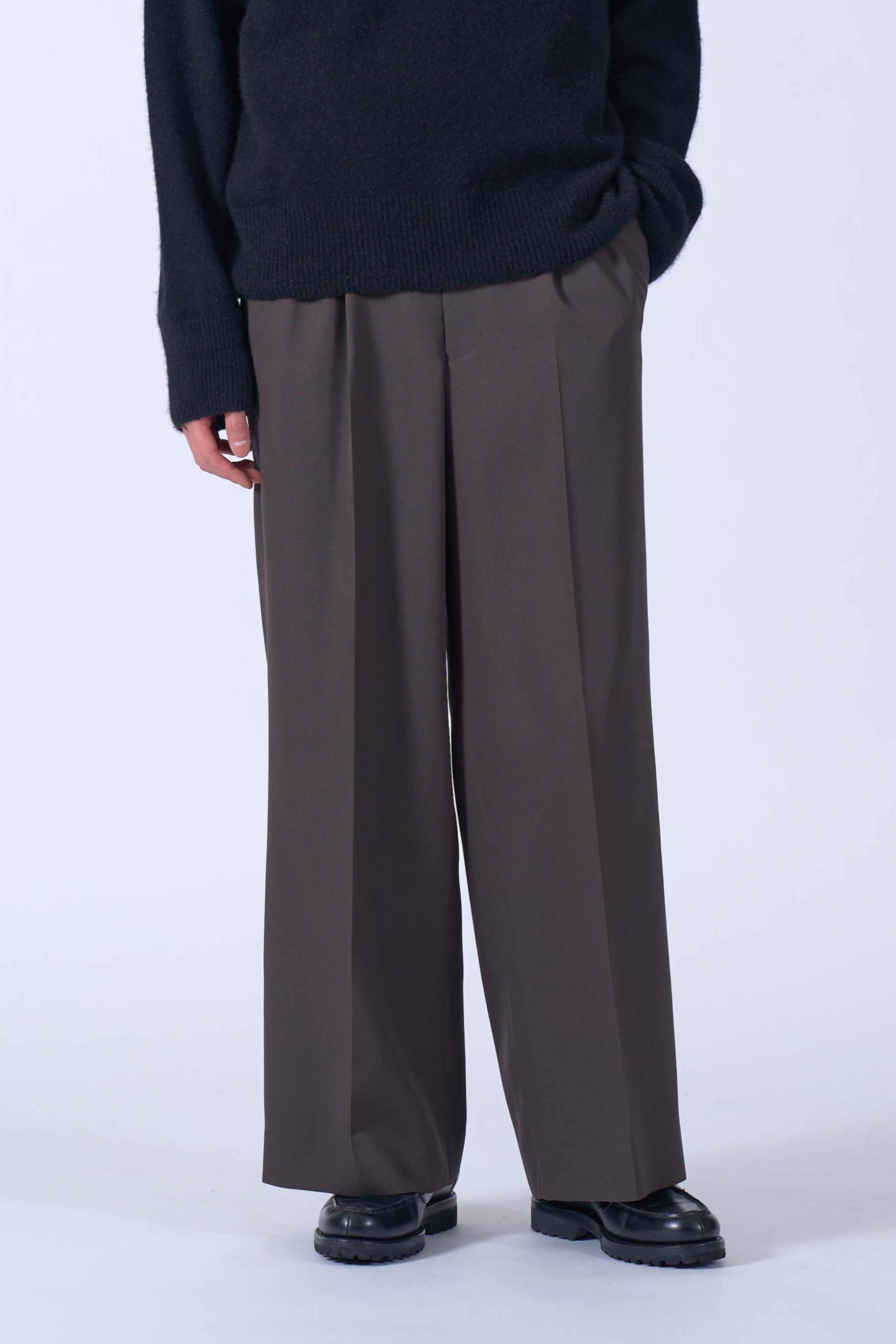 Wool Gabardine 3Pleated Wide-Leg Trousers