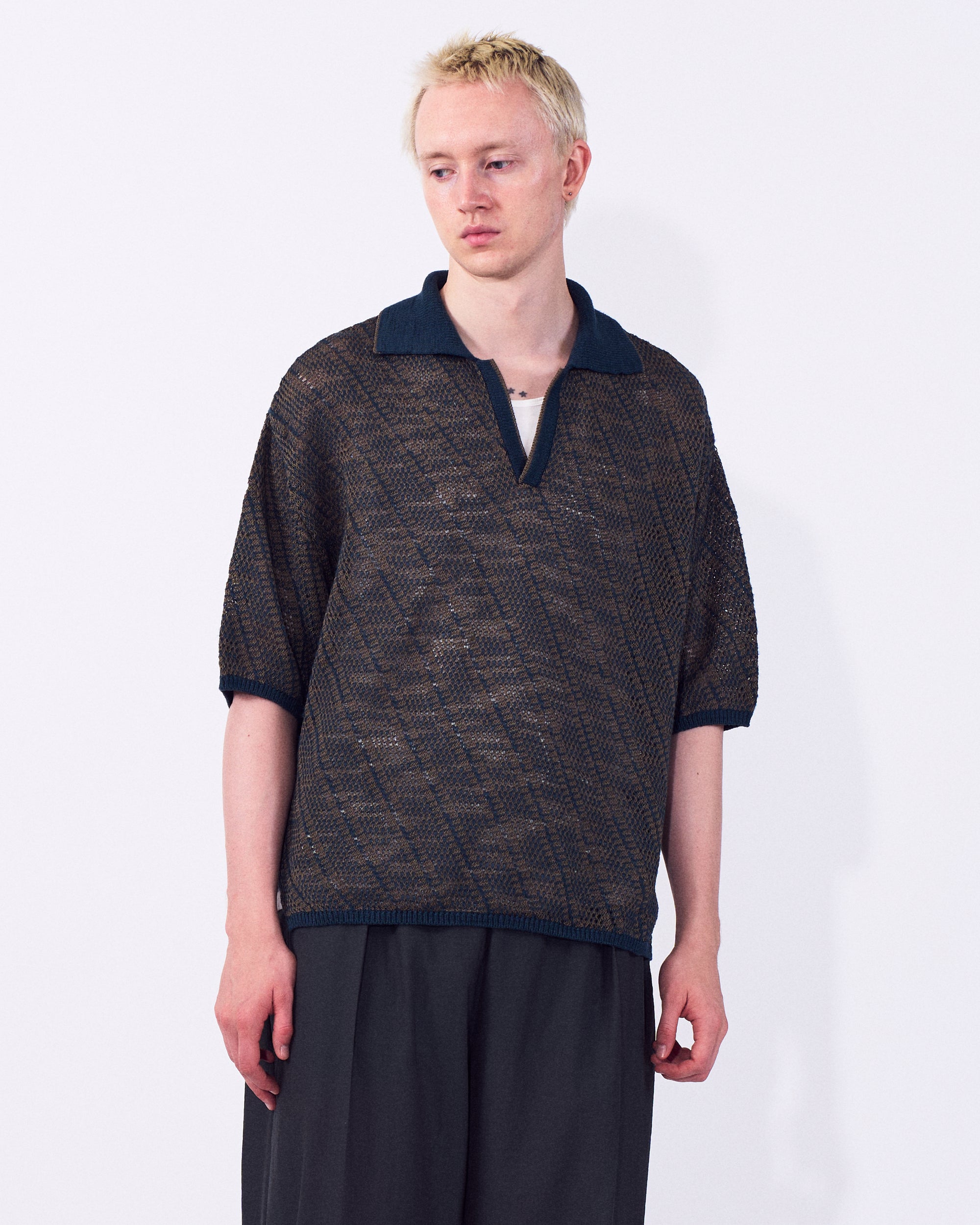 Cotton Diagonal Knit Skipper Shirt