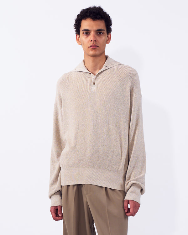 Cotton Hard Twist Highneck Henley Rib Sweater