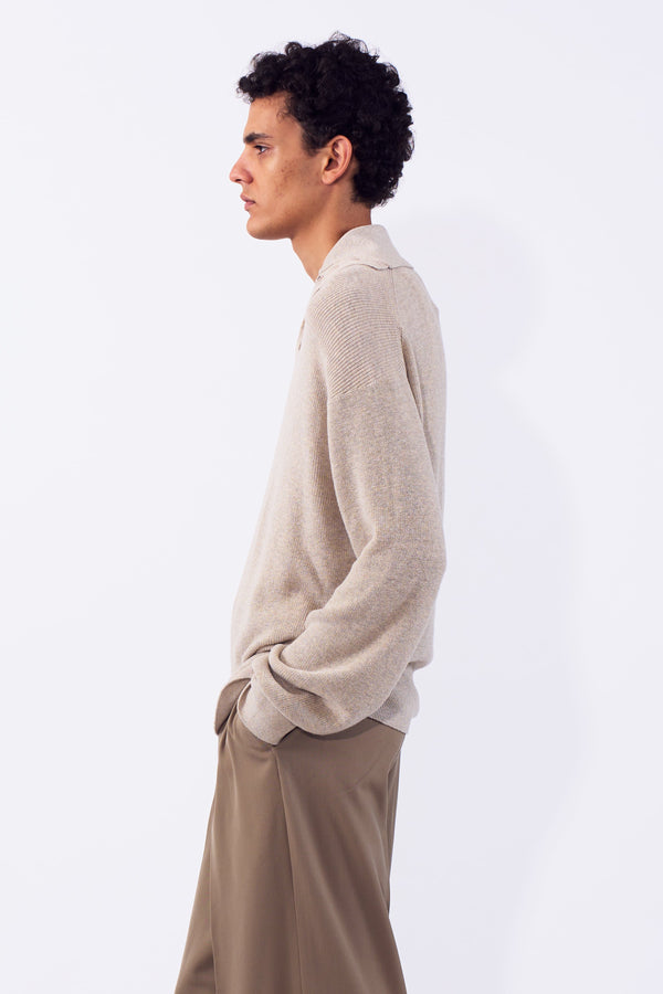 Cotton Hard Twist Highneck Henley Rib Sweater