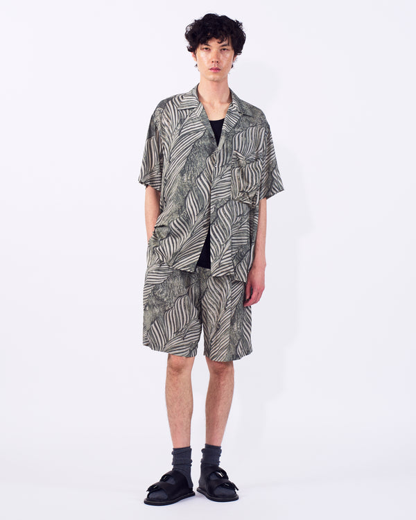 Leaf Pattern Printed Rayon Open Collar Shirt
