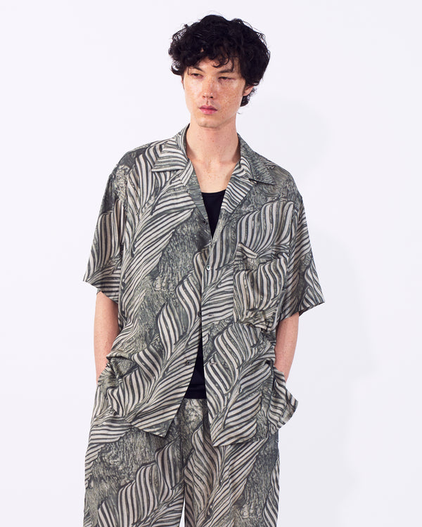 Leaf Pattern Printed Rayon Open Collar Shirt