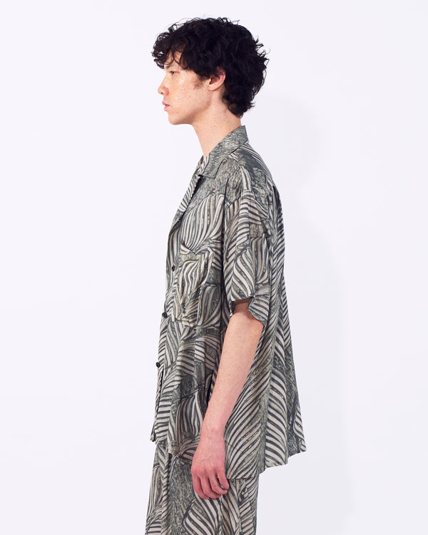 Leaf Pattern Printed Rayon Open Collar Shirt