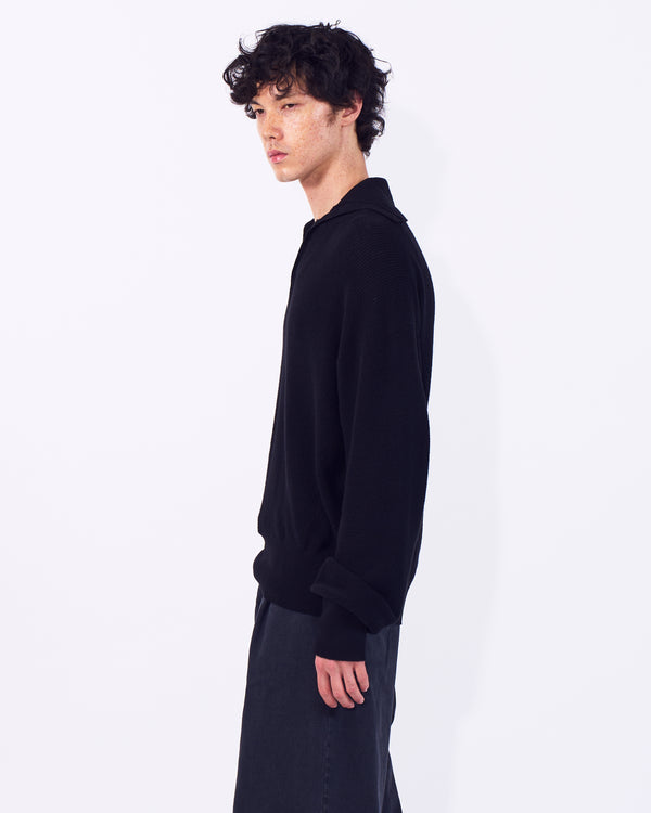 Cotton Hard Twist Highneck Henley Rib Sweater