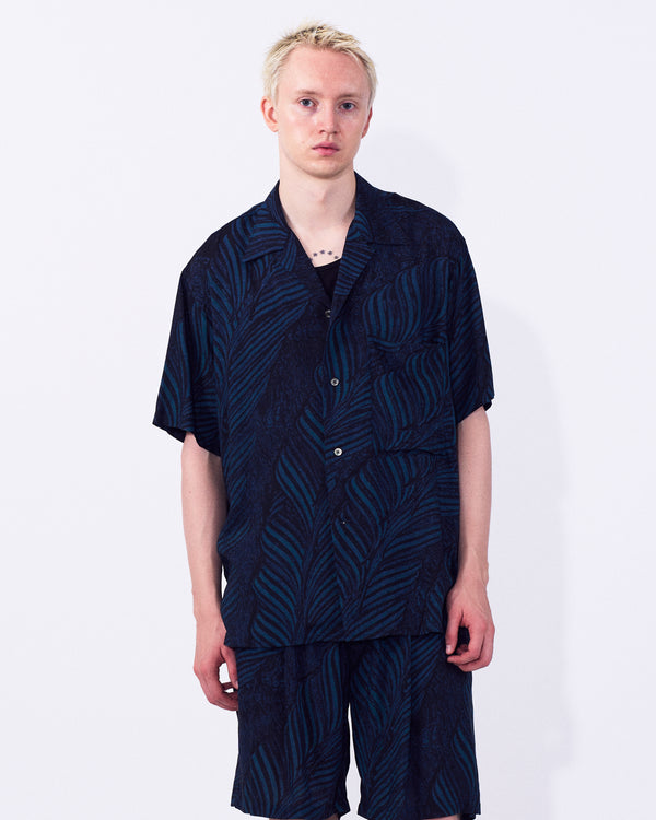 Leaf Pattern Printed Rayon Open Collar Shirt