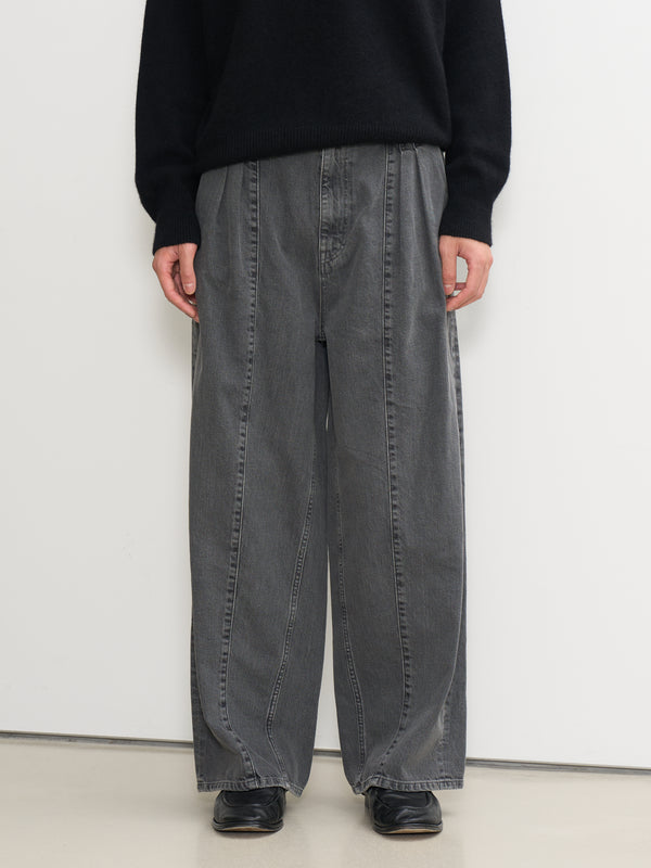 Vintaged Wash Denim 3Pleated Wide-Leg Trousers