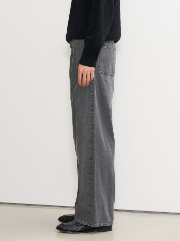 Vintaged Wash Denim 3Pleated Wide-Leg Trousers