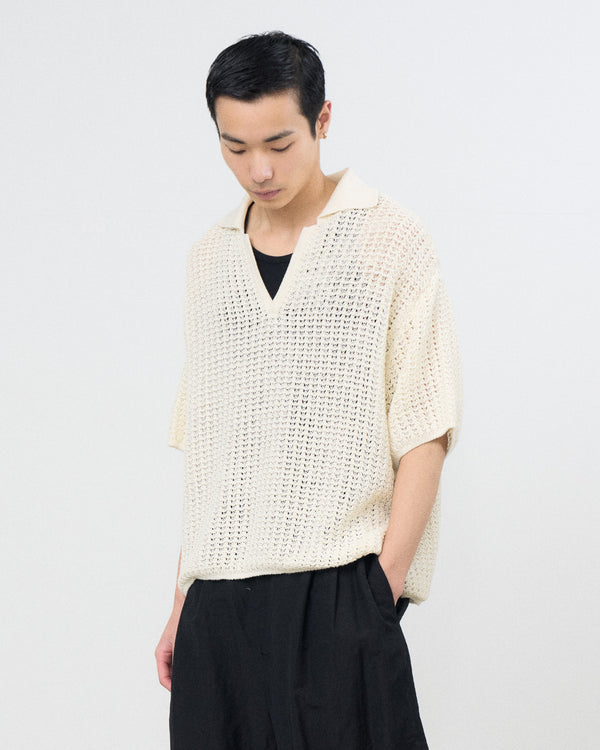 Cotton Mesh Knit Skipper Polo Shirt