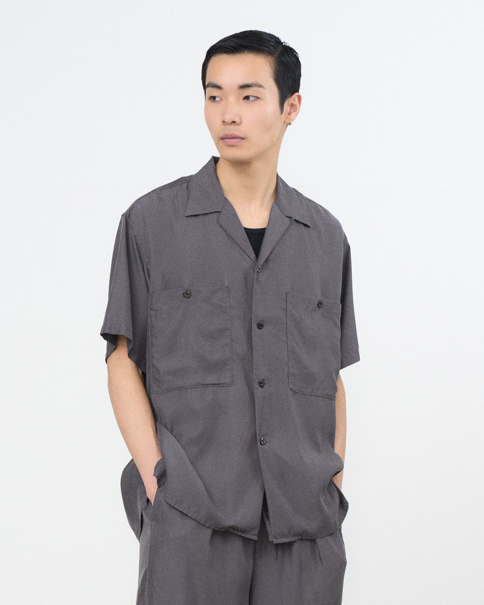 Cupro Polyester Washable Twill Open Collar Shirt | YOKE Official