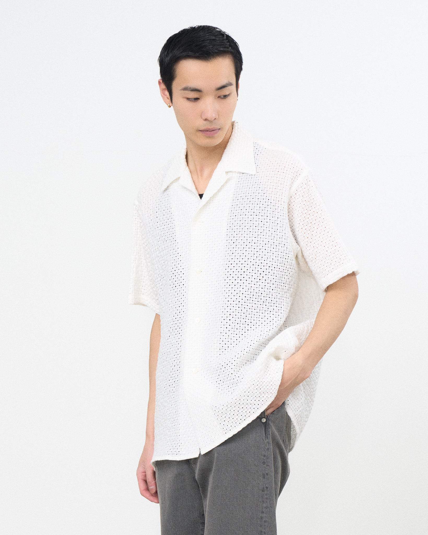 Embroidery Lyocell Ramie Lawn Open Collar Shirt | YOKE Official